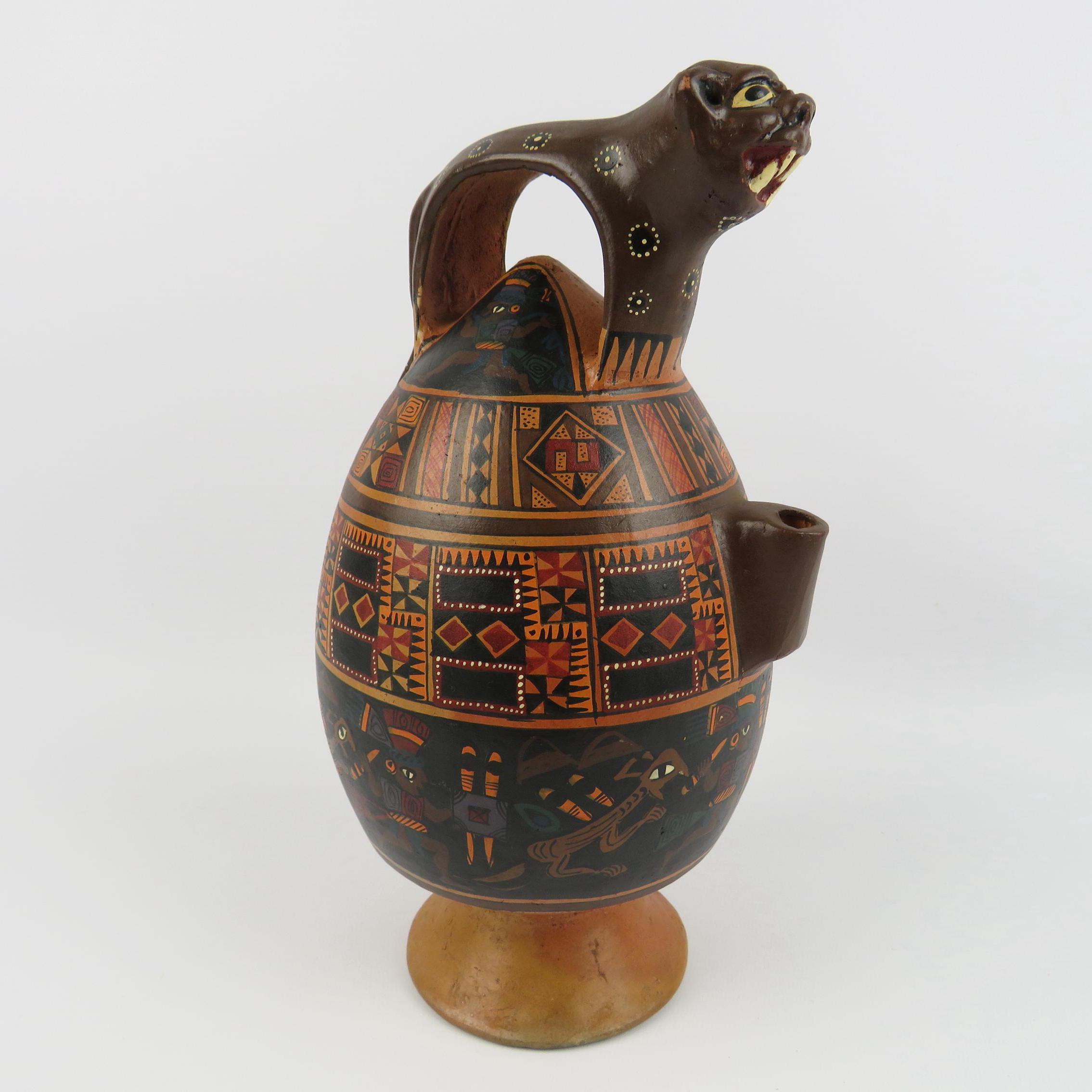 Peruvian Pottery Jug, Cusco Peru Hand-painted Clay Jug, South