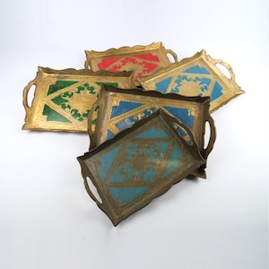 Vintage florentine trays set of 5, Gilded wood Italian trays, Baroque rococo serving trays, Hand-painted trays, Souvenir from Italy 1960s