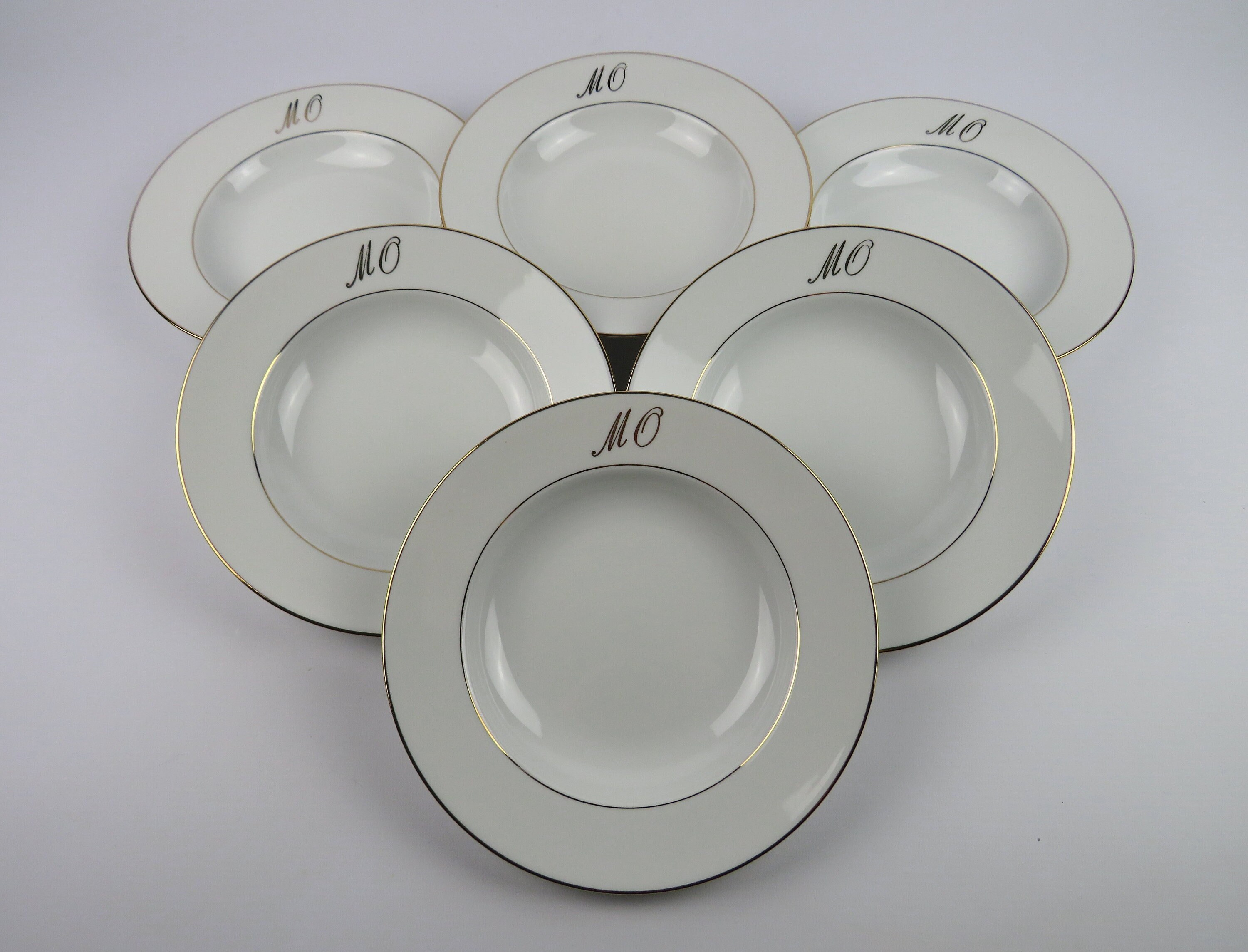 Assiettes à Soupe Monogramme Mo Porcelaine de Limoges L'or Blanc, 6 Assiettes Creuses en Monogrammée