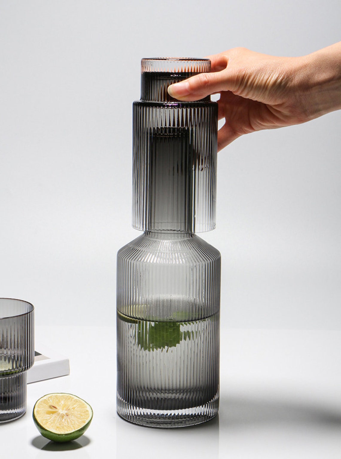 Ribbed Carafe Set Bedside Carafe Glass Pitchers Decanters Etsy