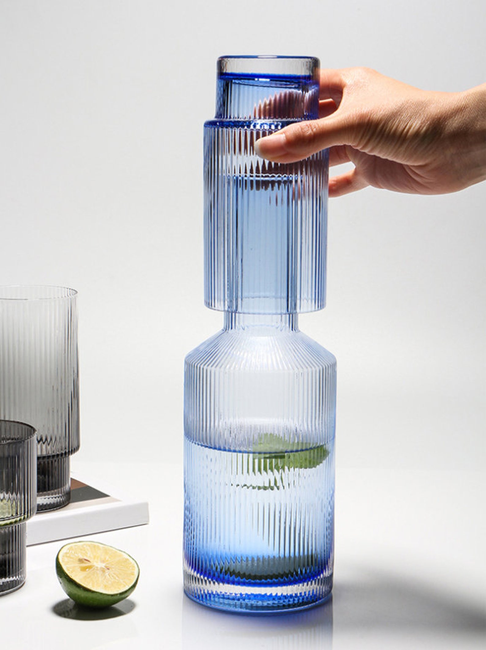 Ribbed Carafe Set Bedside Carafe Glass Pitchers Decanters Etsy