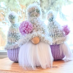 Handmade Knitted Gnome: Lilac Flower, Spring Decor Gift