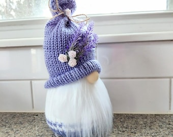 Handmade Lavender Gnome: Knitted Plush with Flowers