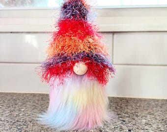 Rainbow Gnome Shelf Sitter: Rainbow Beard, Fuzzy Yarn Hat