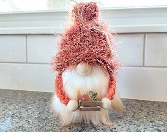 Gnomo de otoño peludo tejido a mano: gorro naranja único, decoración otoñal