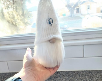 Handmade white knitted Gnome: Scandinavian Tomte Evergreen Decor