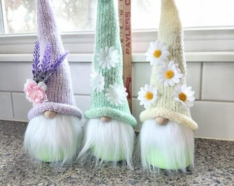 Hand Knitted Spring Gnome Decoration: Purple, Green, Yellow Hats with Flowers