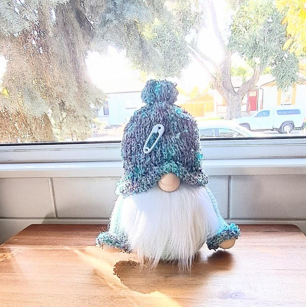 Mellow Green Gnome with knitted hand Spring Summer Gnome Home decor Handmade gift Gnome plush Tomte Fuzzy hat Blue decor