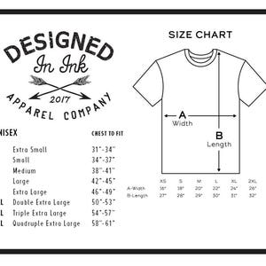 May include: Size chart for unisex t-shirts with measurements in inches for chest to fit, width, and length. The chart shows sizes from XS to 5XL.