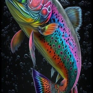 trippy trout, psychedelic fish, digital art, art print, wall decor, home decor, office decor, gift idea, fishing art, surreal art.