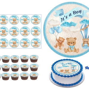 TEDDY BEAR edible image cake topper Combo-Baby blue BEAR/ Icing sheets/Baby shower edible decoration 8&quot; round + 15 circles 2&quot;each not precut