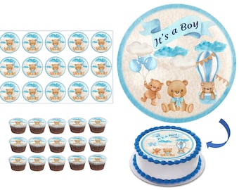 TEDDY BEAR edible image cake topper Combo-Baby blue BEAR/ Icing sheets/Baby shower edible decoration 8" round + 15 circles 2"each not precut