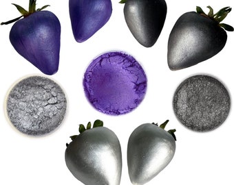 May include: A set of six metallic strawberries, three in silver and three in purple, with two bowls of matching metallic powder.