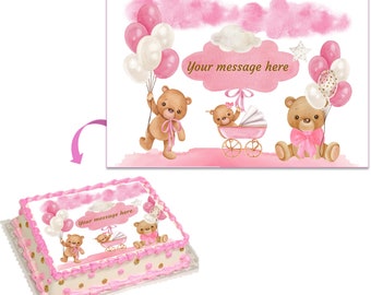 Baby girl TEDDY BEAR image cake topper- Pink BEAR edible Cake Topper Icing sheets/Baby shower edible decoration 1/4 sheet 8" x 10.5"