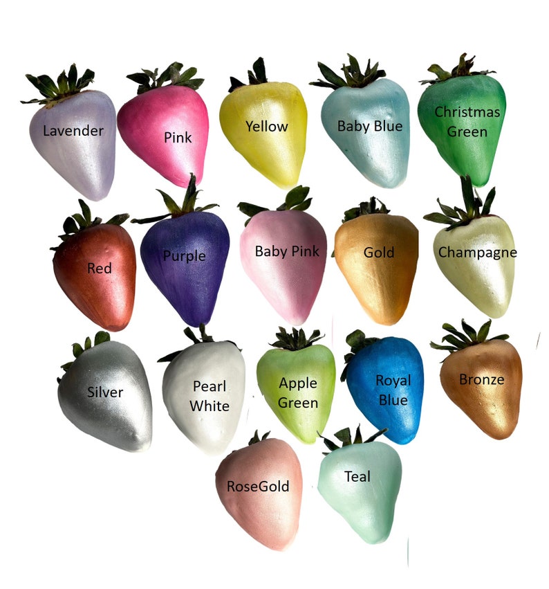 May include: A collection of 16 strawberry-shaped ornaments in various colors, including lavender, pink, yellow, baby blue, Christmas green, purple, baby pink, gold, champagne, red, pearl white, silver, apple green, royal blue, bronze, teal, and rose gold.