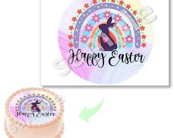 Easter edible cake topper Icing sheet 8" round for cake decoration Bunny eggs rainbow pastel decoration, cute bunny Pascua.