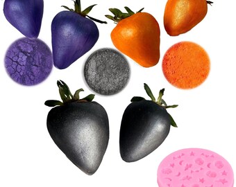 May include: A set of six metallic strawberries in purple, orange, black, and silver, with matching colored powders and a pink silicone mold with a moon and star design.