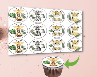 Safari animals&#39; edible cupcake topper, edible image/jungle baby shower animal, Welcome baby 1 sugar sheet NON PRECUT, party supplies decor.