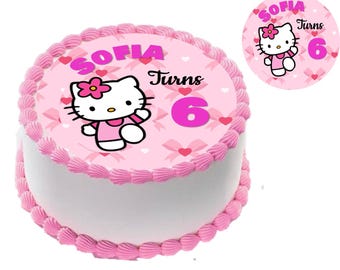 Personalized hello edible image cute kitty cake topper different sizes Custom name and age Pink
