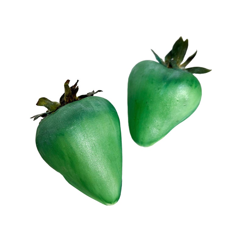 May include: Two green, glossy, artificial strawberries with brown stems and leaves.