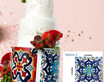 May include: A three-tiered white wedding cake decorated with intricate white designs. The bottom tier is adorned with colorful, patterned tiles, reminiscent of Mexican Talavera pottery. Option 2 shows a close-up of a single tile measuring 6 inches by 6 inches.