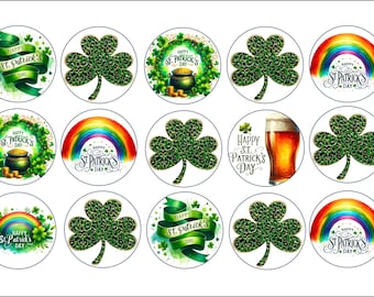 St Patrick edible topper Oreo chocolate covered 15pc for cookie decoration green rainbow, clover gold coins cauldron 2"each PRECUT