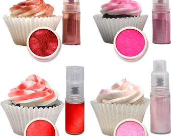 May include: Four cupcakes with different colored frosting and a small container of matching colored edible glitter. Each cupcake is topped with a swirl of frosting and a small container of edible glitter.