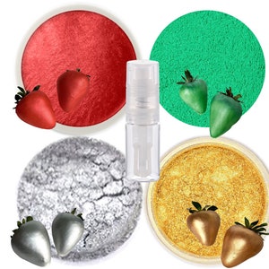 CHRISTMAS Edible glitter LUSTER DUST food chocolate paint set 5gr each for cake decoration (Red-Green-Gold-Silver) + 15ml powder pump spray