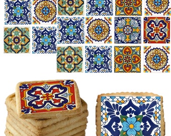 Talavera Mexican, Moroccan tiles edible image for cupcake, chocolate covered, Wedding souvenir square cookies. 12 square 2" each. NON PRECUT