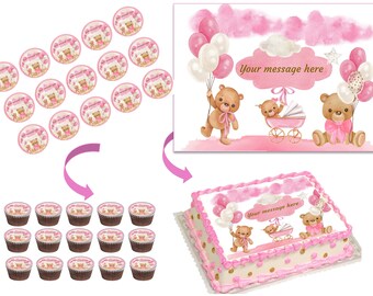 May include: A set of edible cake toppers featuring a pink and white watercolor design with two teddy bears, balloons, and a baby carriage. The toppers are perfect for a baby shower or gender reveal party. The text "Your message here" is included on the topper.