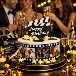 May include: A round cake decorated with a film strip border featuring printed photographs, topped with a black and white movie clapperboard that reads Happy Birthday, and scattered popcorn pieces on a black cake stand with gold trim.