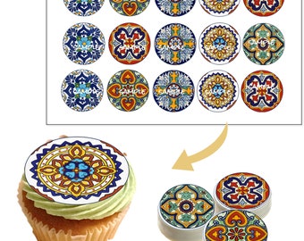 Talavera Mexican, Moroccan tiles edible image for cupcake, Oreo covered, cookies and more, 15 round 2" each. PRECUT
