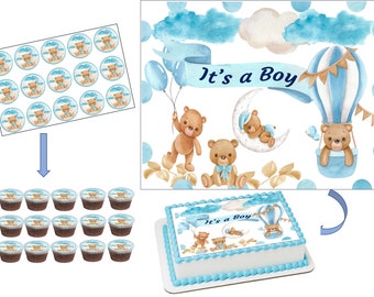 May include: A set of 24 edible cupcake toppers featuring a watercolor illustration of a blue and white hot air balloon with a teddy bear inside. The toppers also include a teddy bear holding balloons, a teddy bear sitting on a crescent moon, and the text "It's a Boy".