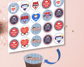 May include: A sheet of 24 round cupcake toppers featuring various Father's Day designs. The toppers feature blue, red, and white colors with designs such as "Happy Father's Day", "Best Dad Ever", "Love You Dad", and "Dad My Hero".