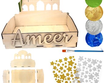 Ramadan craft for kids wooden Mosque tray laser cut Paint Activity Craft Kit Natural Wood, Decorative Gift Favor Tray 10"x6" Custom name.