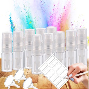 Powder spray bottle /Clear fine mist Powder Sprayer pump dispenser container PET Bottle Includes 12 Labels + funnels