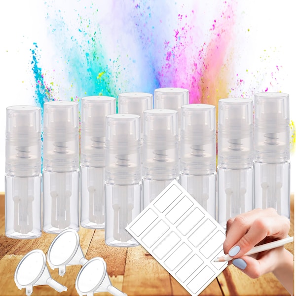 Powder spray bottle /Clear fine mist Powder Sprayer pump dispenser container PET Bottle Includes 12 Labels + funnels