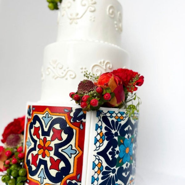 Mexican Moroccan Talavera tiles Edible Image - Wedding cake /Fiesta Birthday Cake Topper Icing sheets /Traditional edible decoration