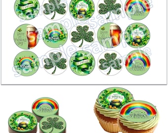 St Patrick edible topper Oreo chocolate covered 15pc for cookie decoration green rainbow  clover, lucky 2"each PRECUT