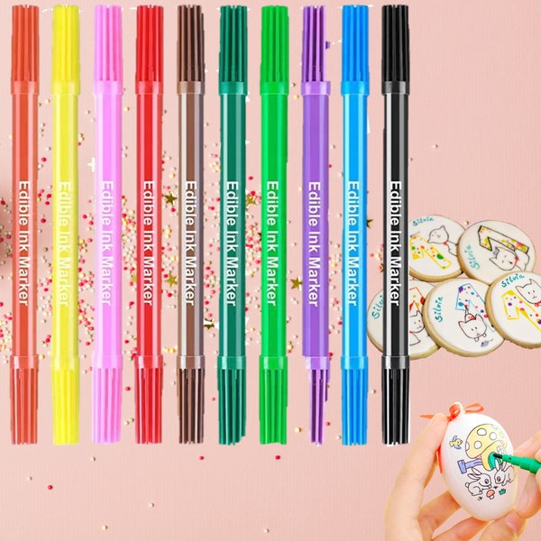 Edible Coloring Marker Pens Set of 10 Edible Colors dual tips cookie includes 12 edible icing circles for cake cupcake 2.5"