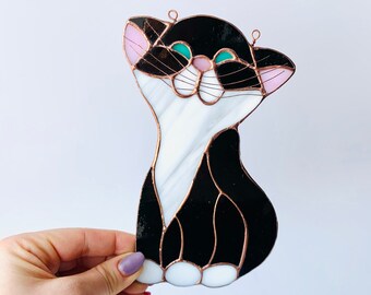 Stained glass cat suncatcher for window Funny cat decor Birthday gift for mom window hangings decoration gift for cat lover