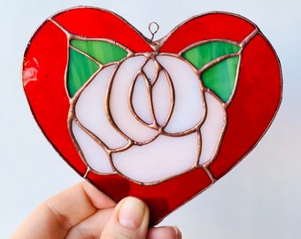 Stained Glass Red Heart Suncatcher with Rose Hanging Window Ornament Mother&#39;s Day gift Lovely handcrafted gift Heart ornament Gift for her