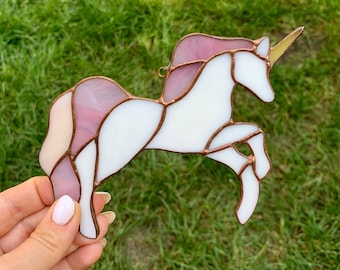 Stained glass unicorn suncatcher for window Rose Blue unicorn decor Birthday gift window hangings decoration gift Horse art panel