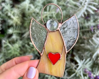 Guardian angel with red heart Handmade Angel Stained Glass Suncatcher window hangings Mother's Day gift Custom suncatcher