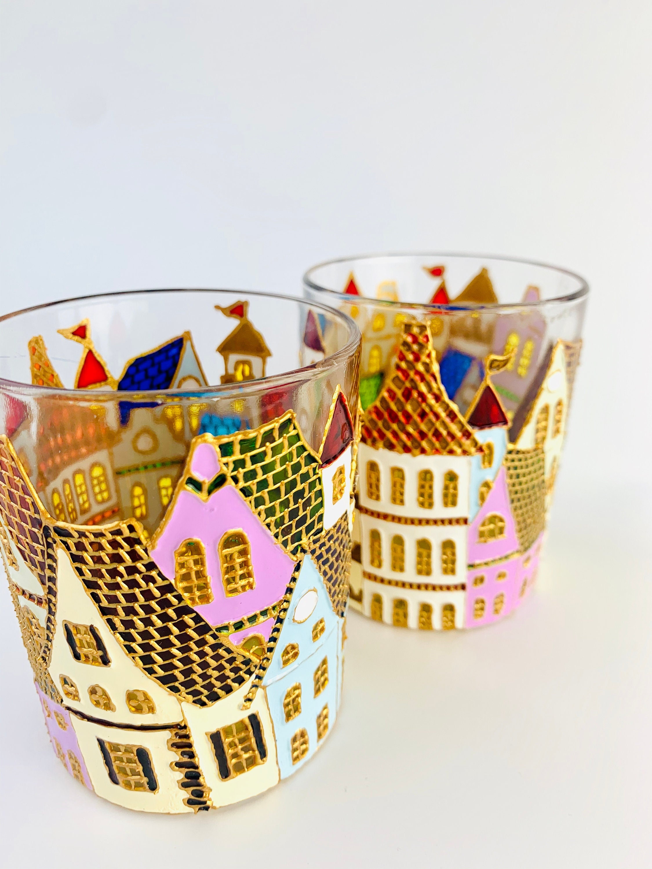 Stained glass art Painted candle holder, Miniature Houses, Village houses decor Gift for her, Small home decor, Kids room decoration