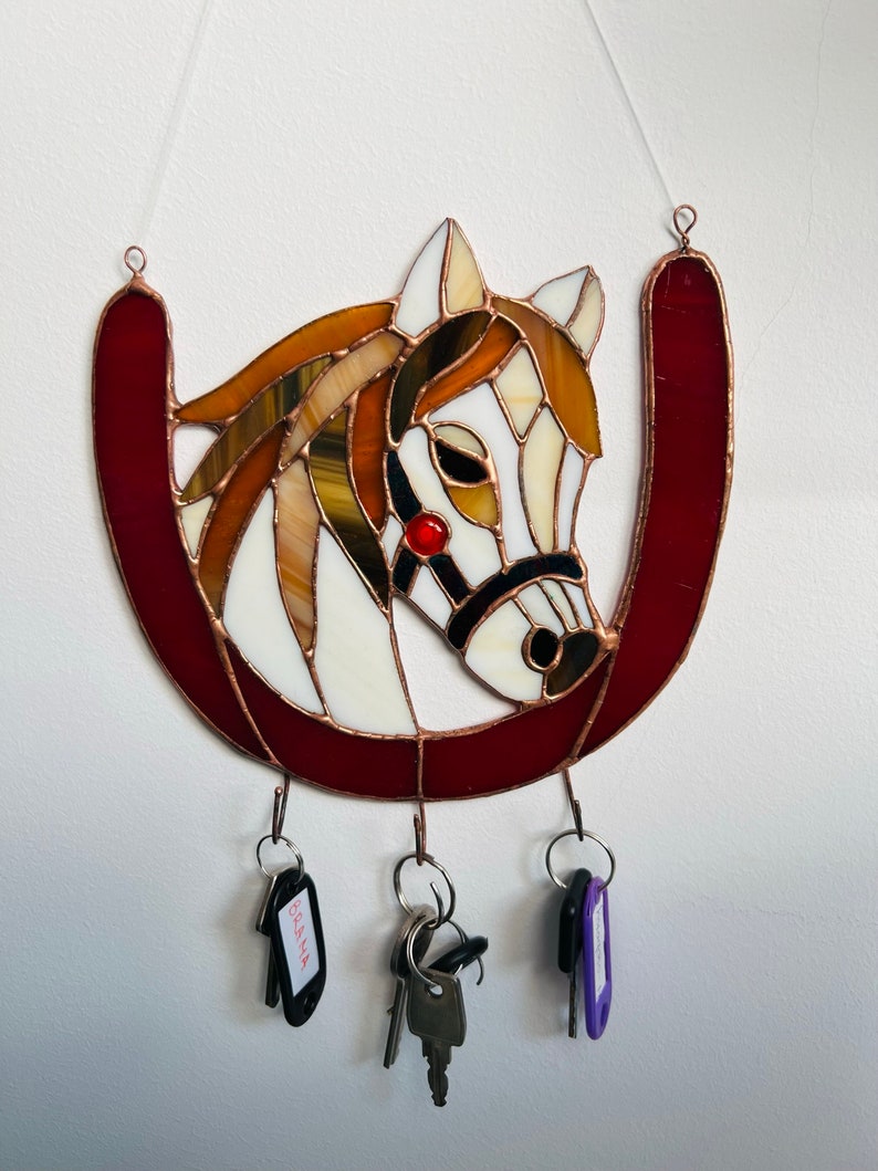Stained glass key rack Horse motif Functional art Home decor charm Best gift Organize in style Home accessories Gifts for horse lovers image 2