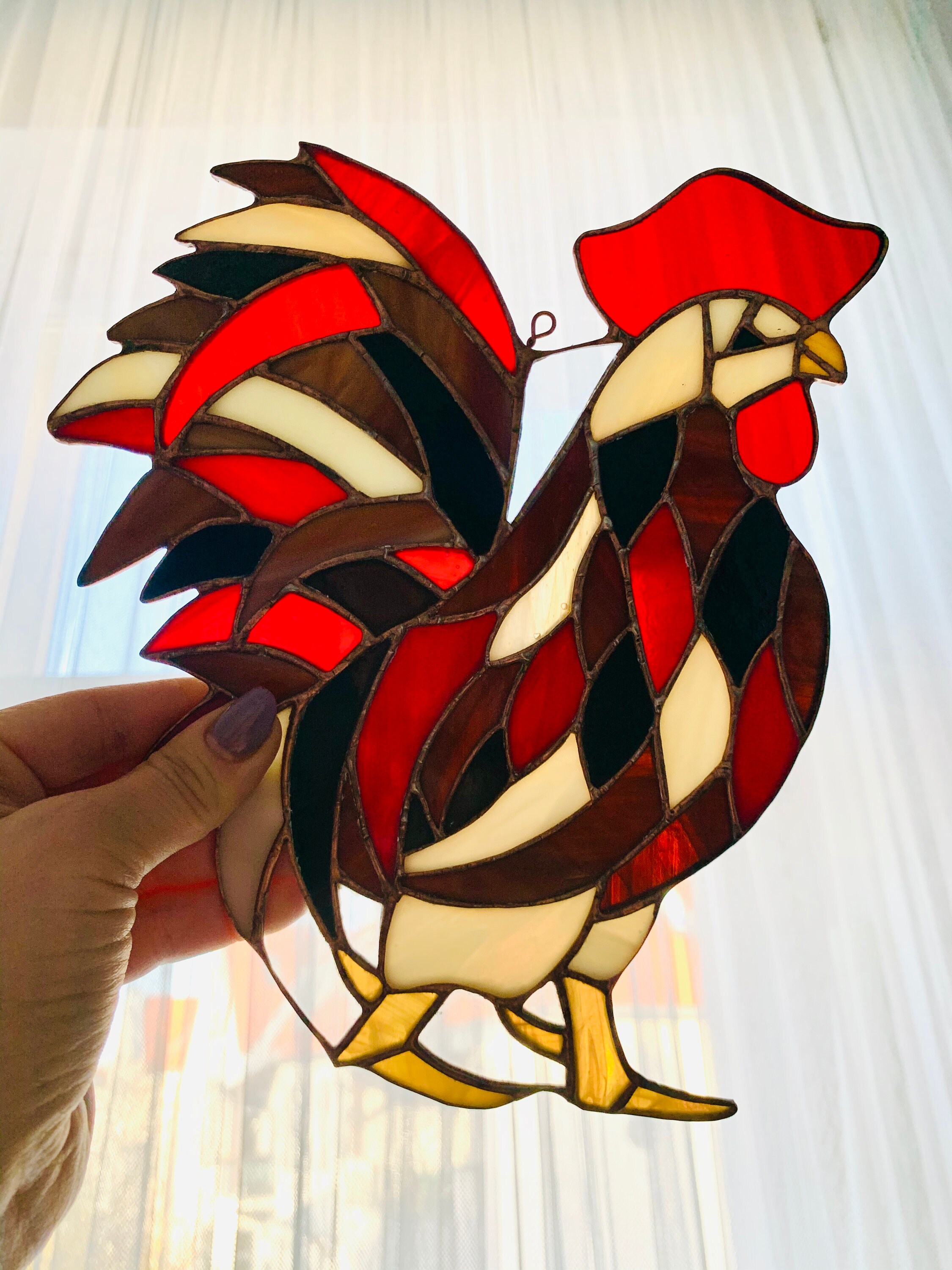Stained Glass Rooster Suncatcher Nature Home Chicken Decor Etsy