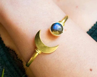 Moon and Labradorite cuff bracelet in golden brass
