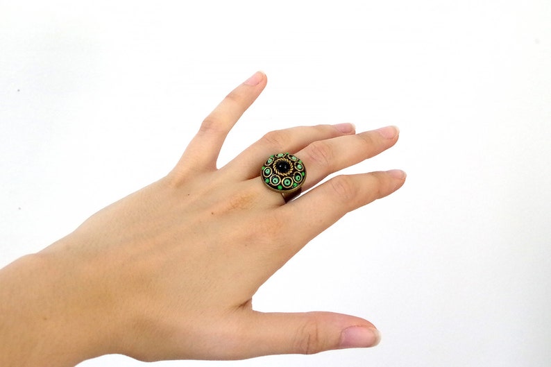 round, adjustable, magical, orient inspiration, circle, glass beads, rockery beads Mystical green and black ring gift idea.