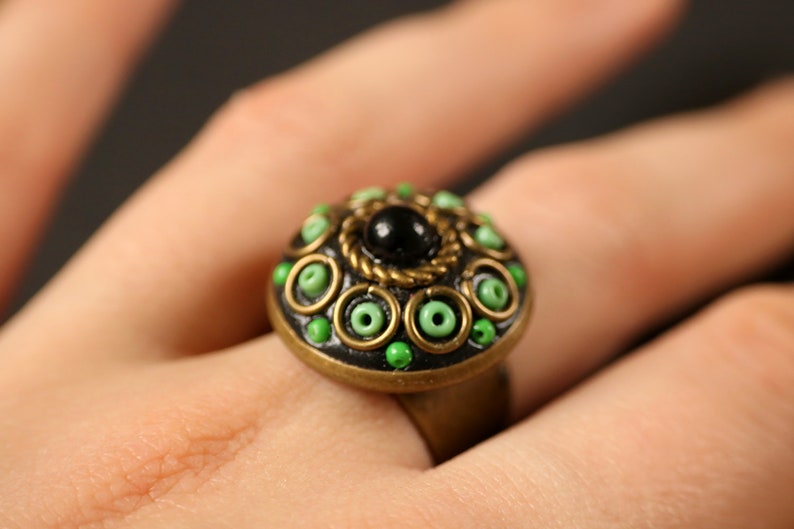 Mystical green and black ring round, adjustable, magical, orient inspiration, circle, glass beads, rockery beads gift idea.
